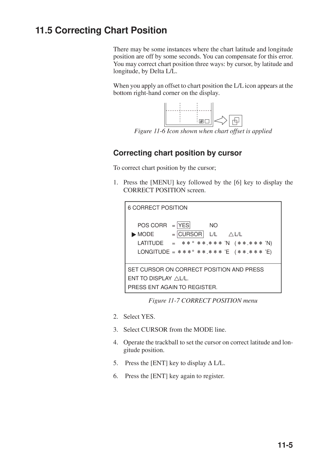 Furuno GP-3300, GD-3300 manual Correcting Chart Position, Correcting chart position by cursor, 11-5 