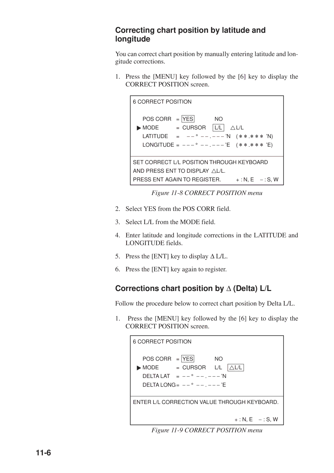 Furuno GD-3300 manual Correcting chart position by latitude and longitude, Corrections chart position by Δ Delta L/L, 11-6 