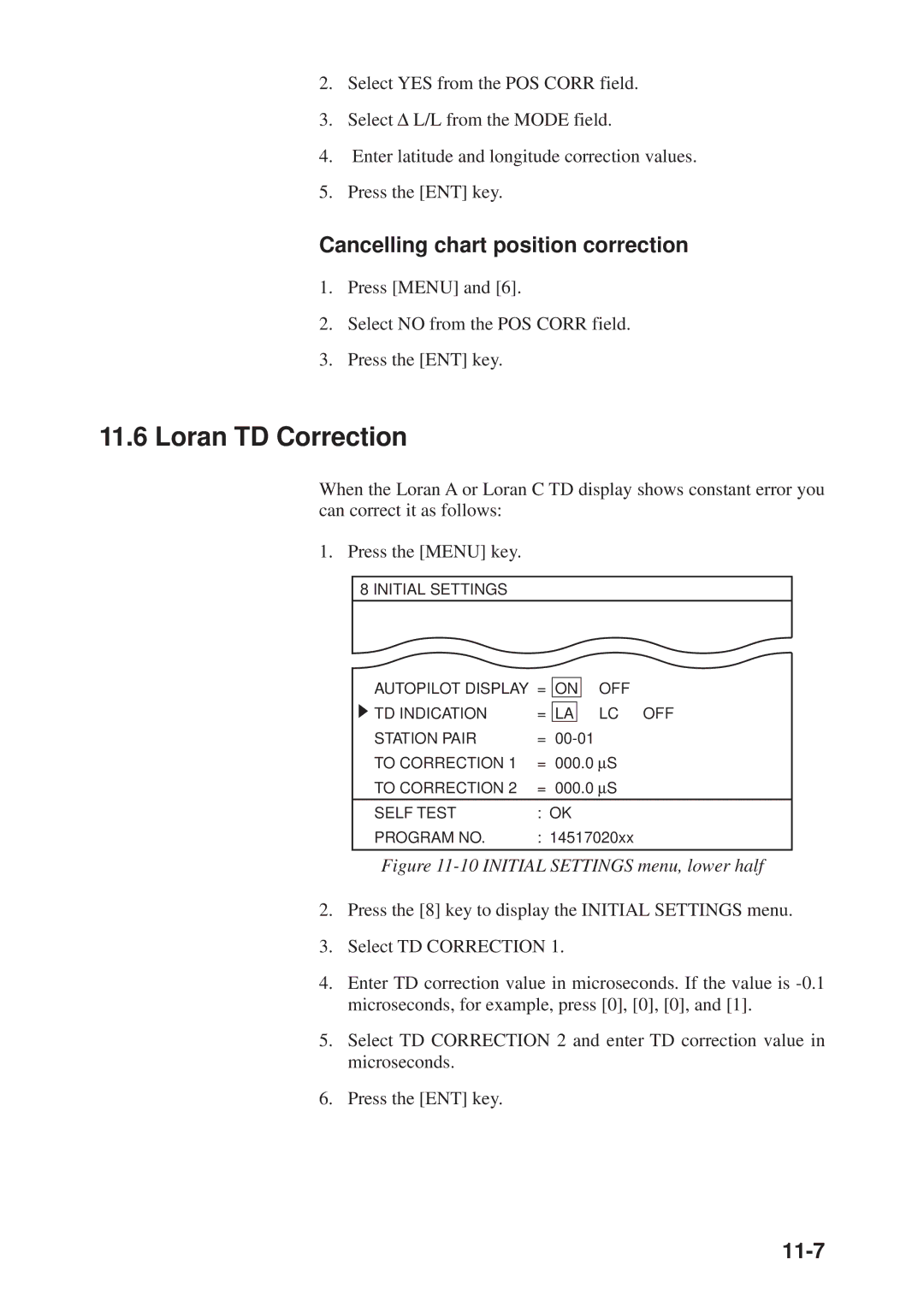 Furuno GP-3300, GD-3300 manual Loran TD Correction, Cancelling chart position correction, 11-7 