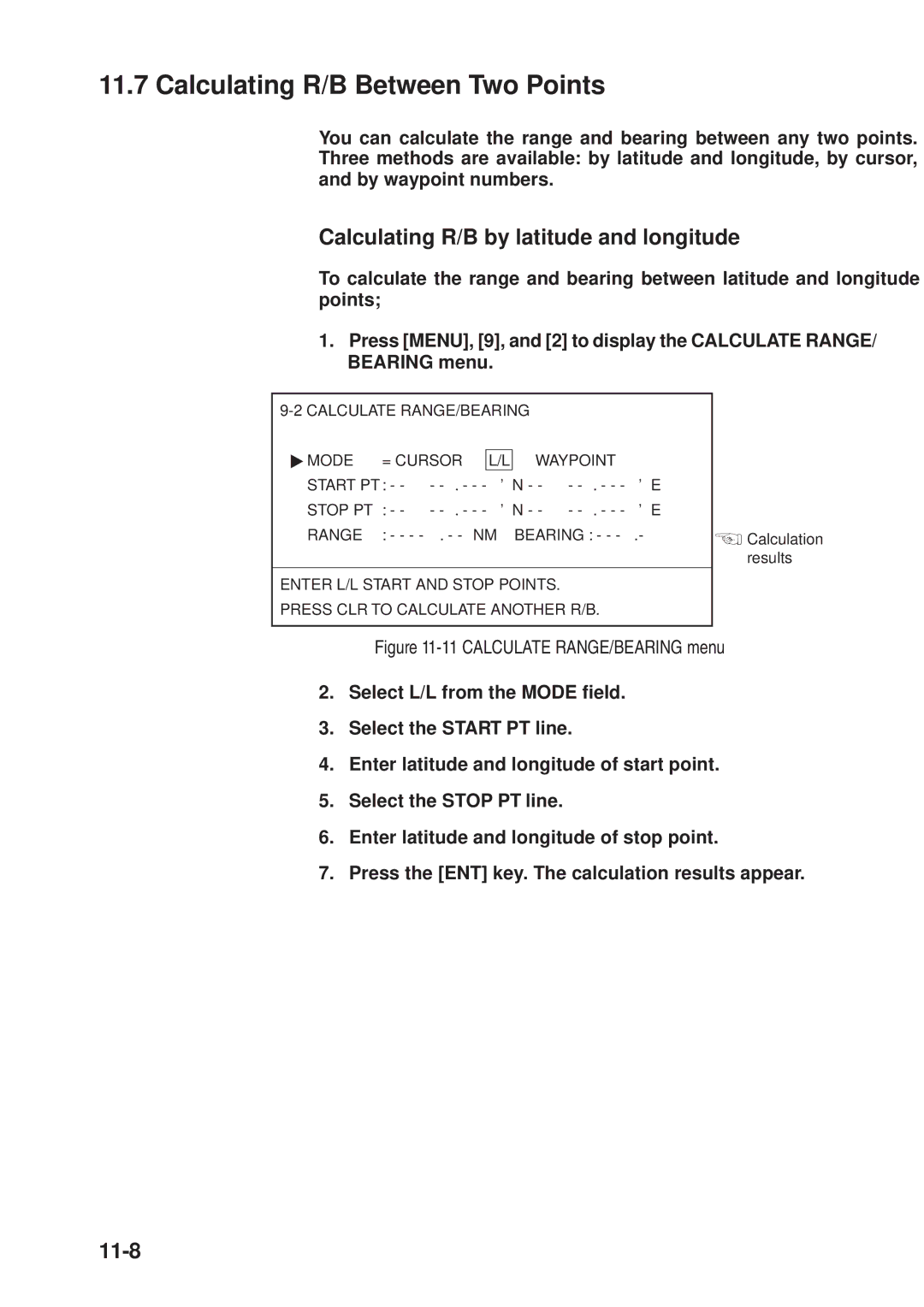 Furuno GD-3300, GP-3300 manual Calculating R/B Between Two Points, Calculating R/B by latitude and longitude, 11-8 