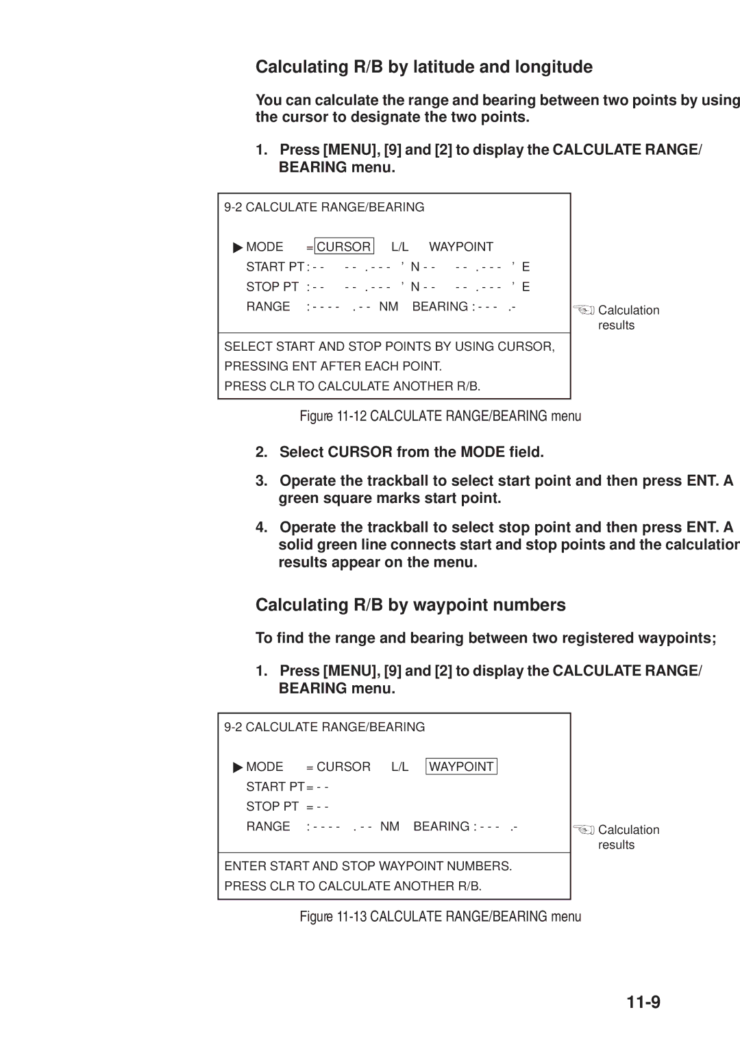 Furuno GP-3300, GD-3300 manual Calculating R/B by waypoint numbers, 11-9 