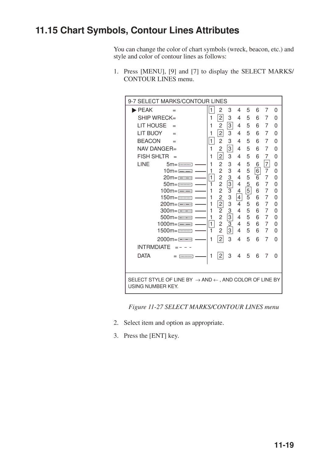 Furuno GP-3300 Chart Symbols, Contour Lines Attributes, 11-19, Select item and option as appropriate Press the ENT key 