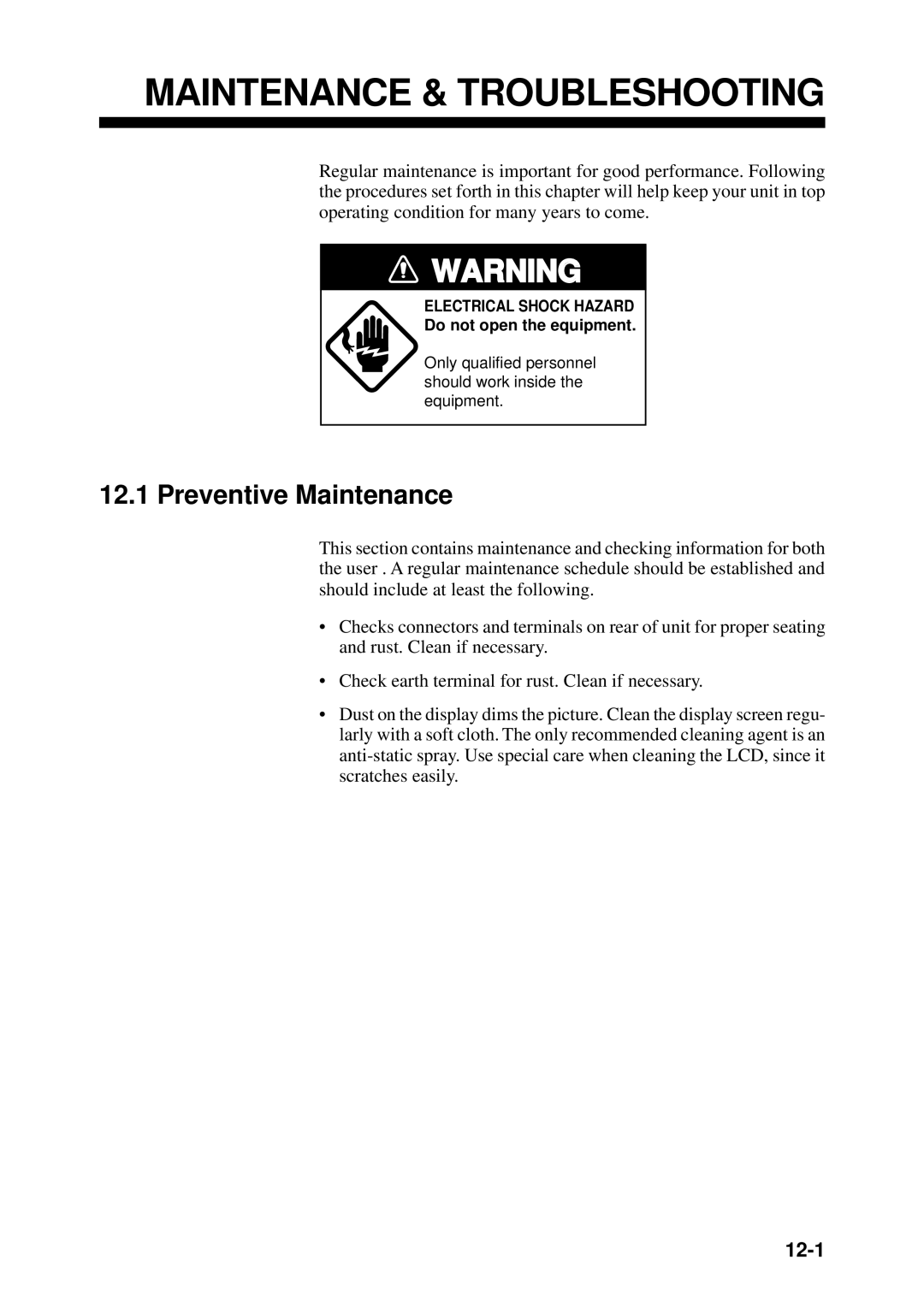 Furuno GD-3300, GP-3300 manual Maintenance & Troubleshooting, Preventive Maintenance, 12-1 