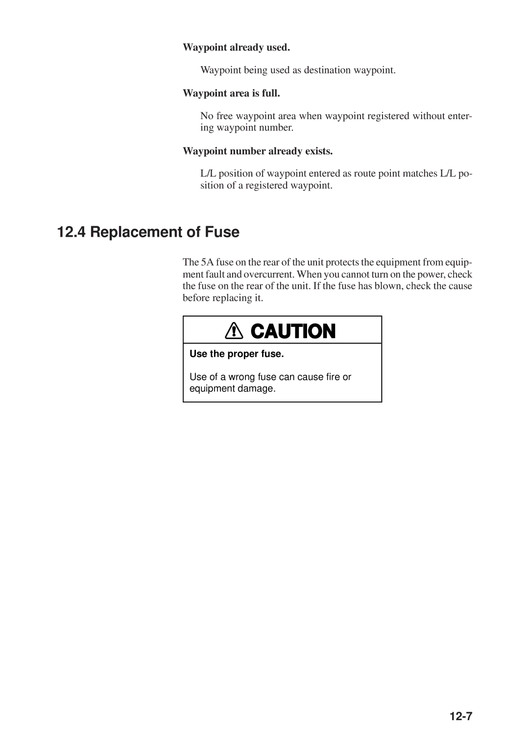 Furuno GD-3300, GP-3300 manual Replacement of Fuse, 12-7, Waypoint being used as destination waypoint 