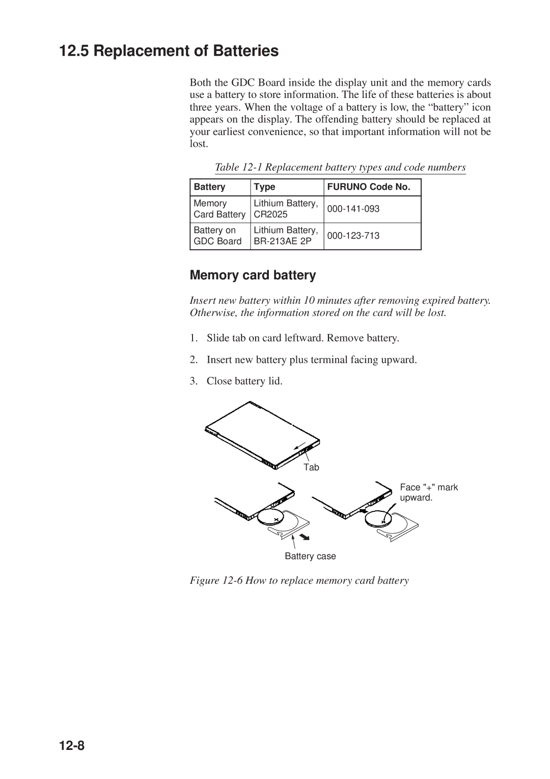 Furuno GP-3300, GD-3300 manual Replacement of Batteries, Memory card battery, 12-8 