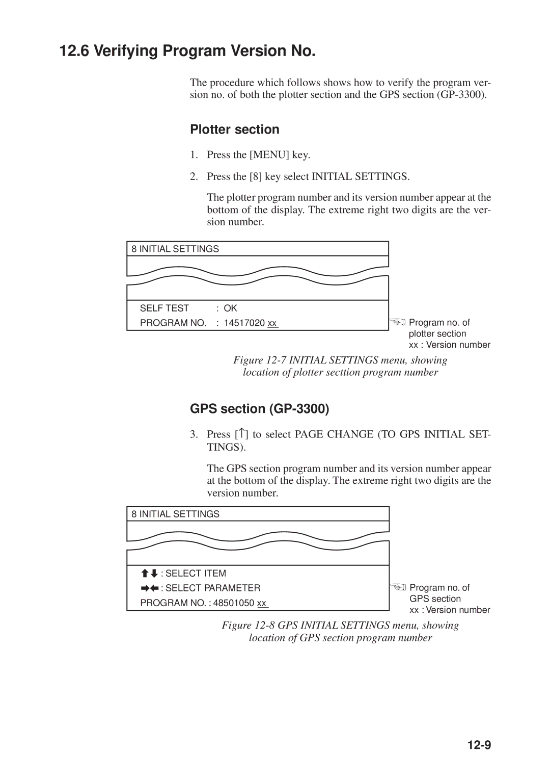 Furuno GD-3300 manual Verifying Program Version No, Plotter section, GPS section GP-3300, 12-9 