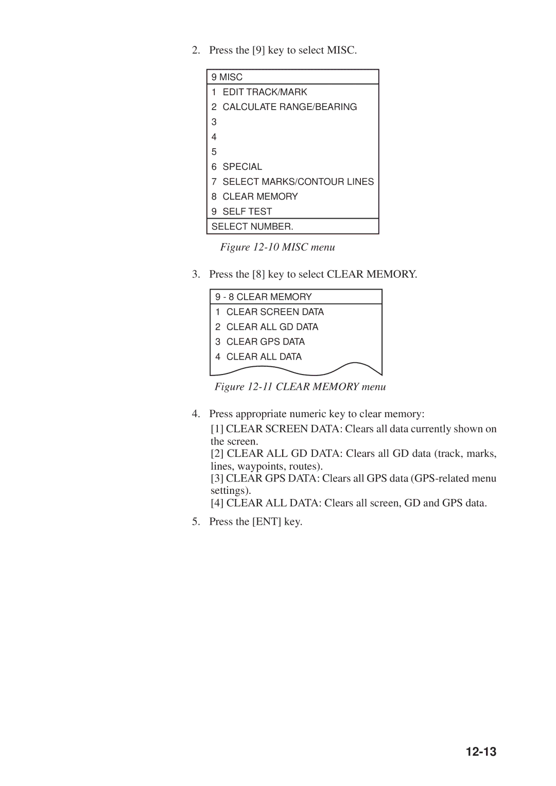 Furuno GD-3300, GP-3300 manual 12-13, Press the 8 key to select Clear Memory 