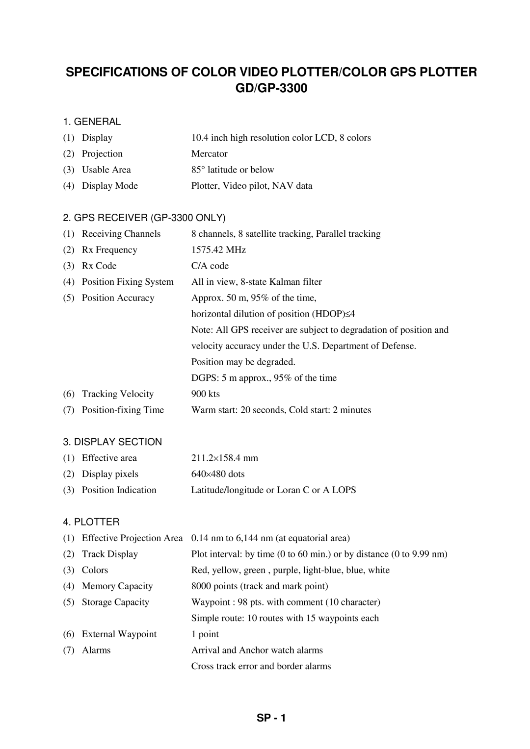 Furuno GD-3300 manual Specifications of Color Video PLOTTER/COLOR GPS Plotter, GD/GP-3300 