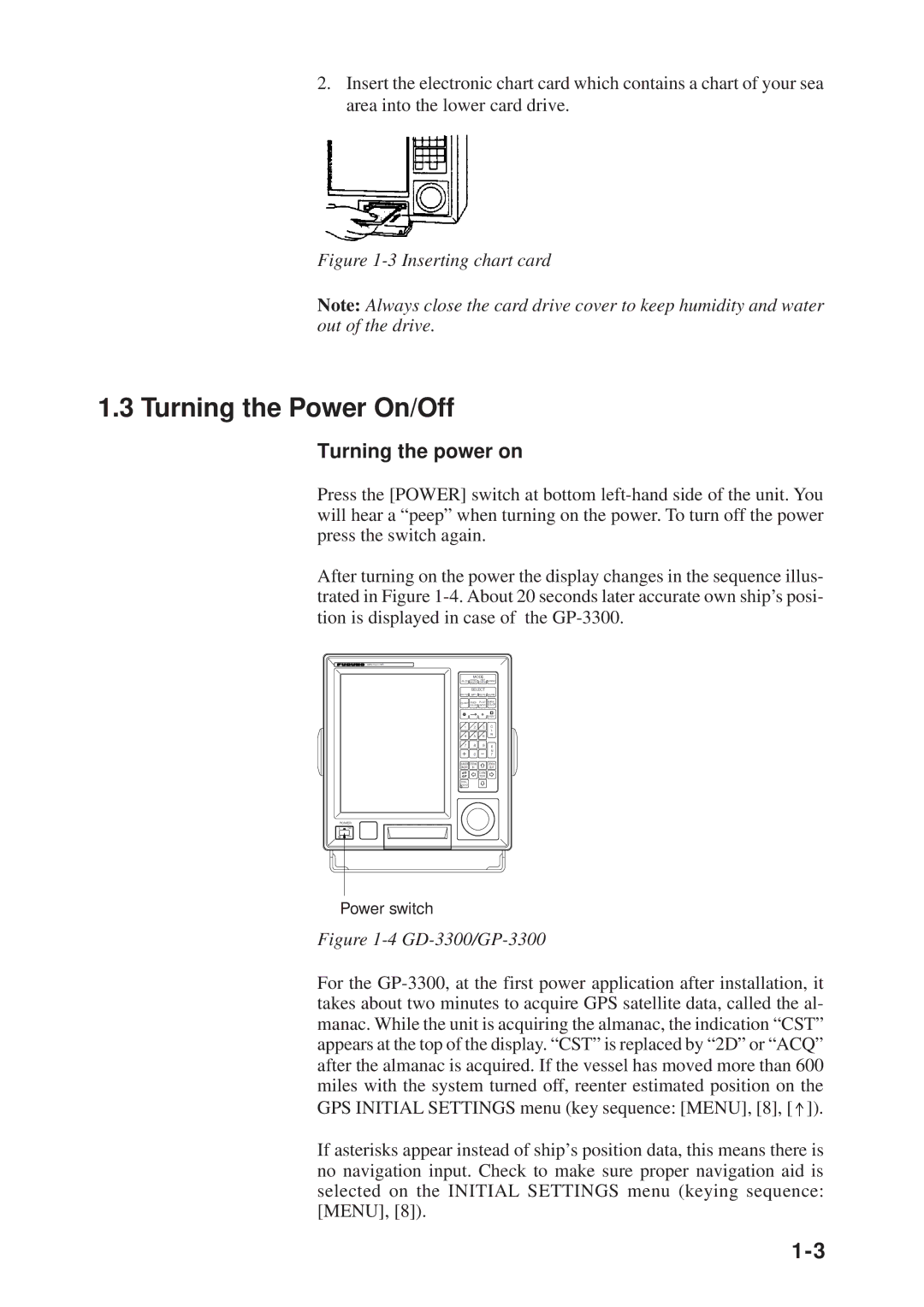 Furuno GP-3300, GD-3300 manual Turning the Power On/Off, Turning the power on 