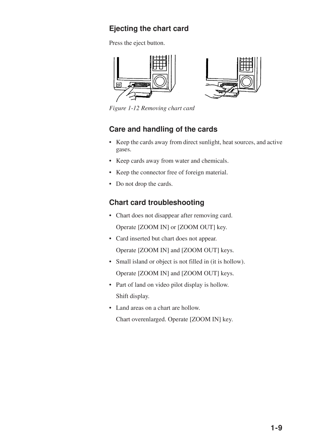 Furuno GP-3300 Ejecting the chart card, Care and handling of the cards, Chart card troubleshooting, Press the eject button 