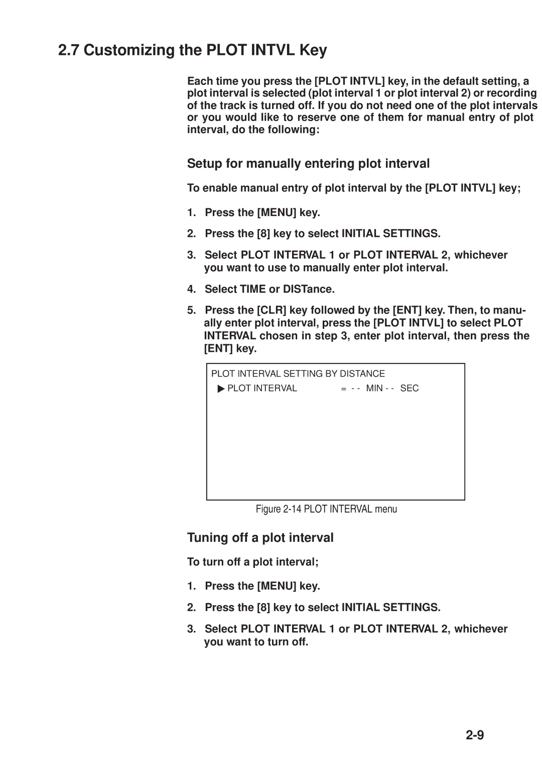 Furuno GP-3300 Customizing the Plot Intvl Key, Setup for manually entering plot interval, Tuning off a plot interval 