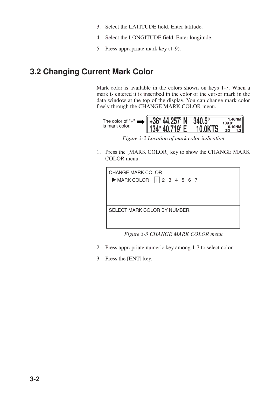 Furuno GD-3300, GP-3300 manual Changing Current Mark Color, Press the Mark Color key to show the Change Mark Color menu 