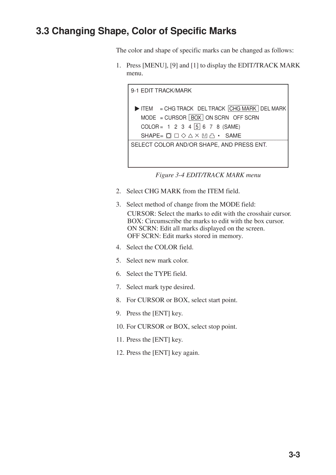 Furuno GP-3300, GD-3300 manual Changing Shape, Color of Specific Marks, EDIT/TRACK Mark menu 