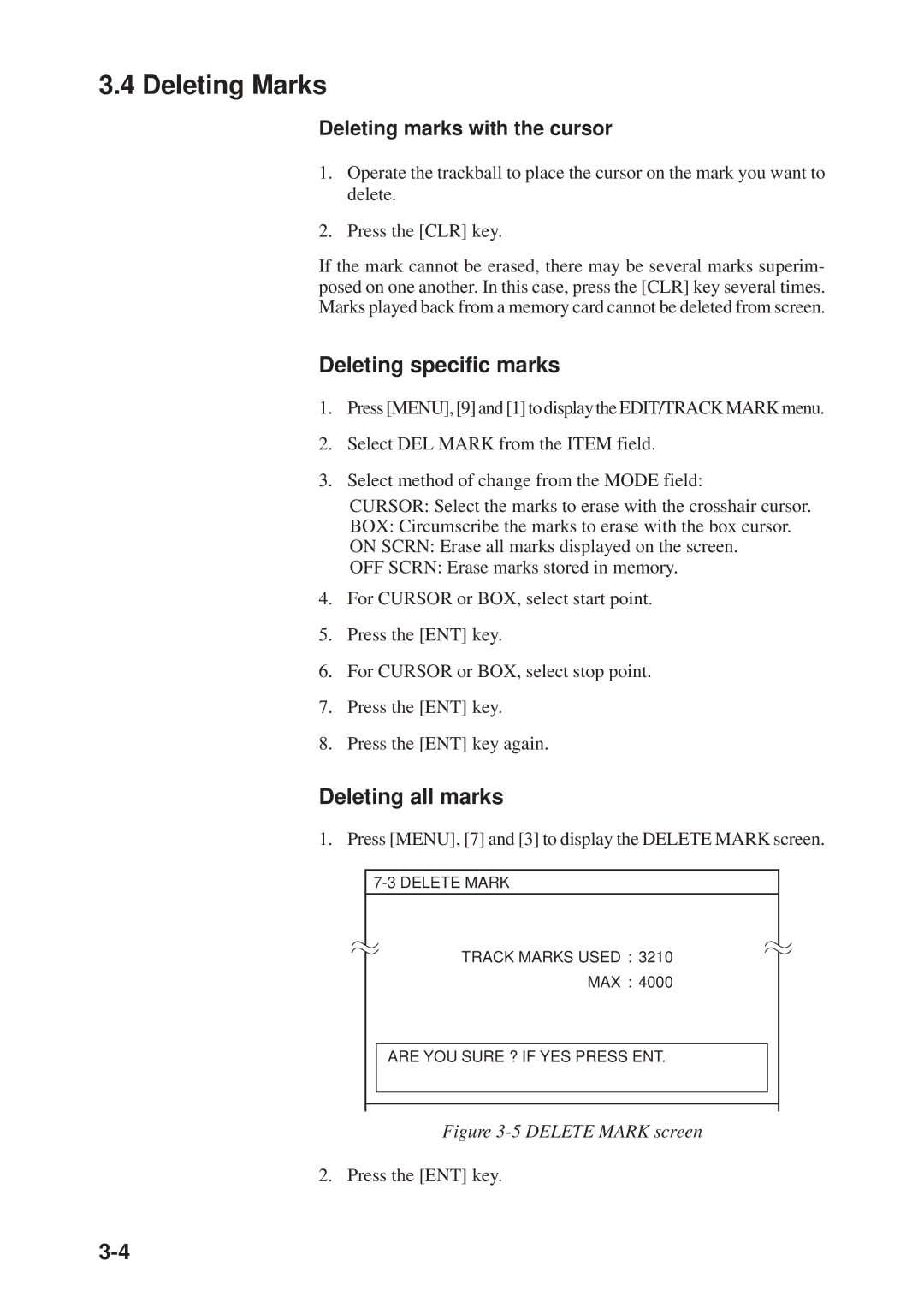 Furuno GD-3300, GP-3300 manual Deleting Marks, Deleting specific marks, Deleting all marks, Deleting marks with the cursor 