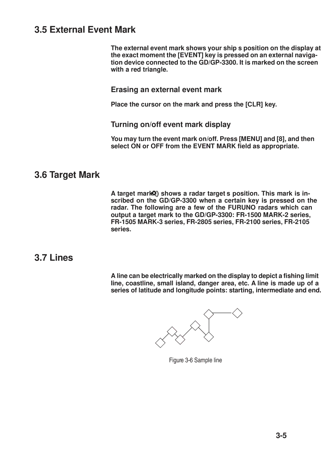 Furuno GP-3300 External Event Mark, Target Mark, Lines, Erasing an external event mark, Turning on/off event mark display 