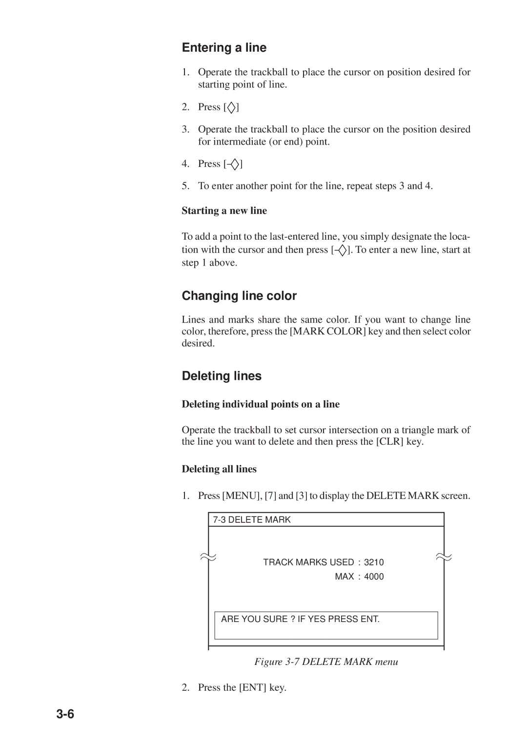 Furuno GD-3300, GP-3300 manual Entering a line, Changing line color, Deleting lines 