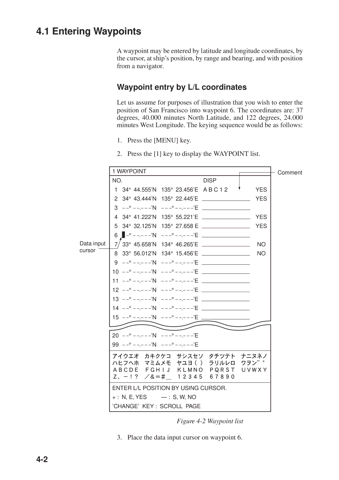 Furuno GD-3300, GP-3300 Entering Waypoints, Waypoint entry by L/L coordinates, Place the data input cursor on waypoint 