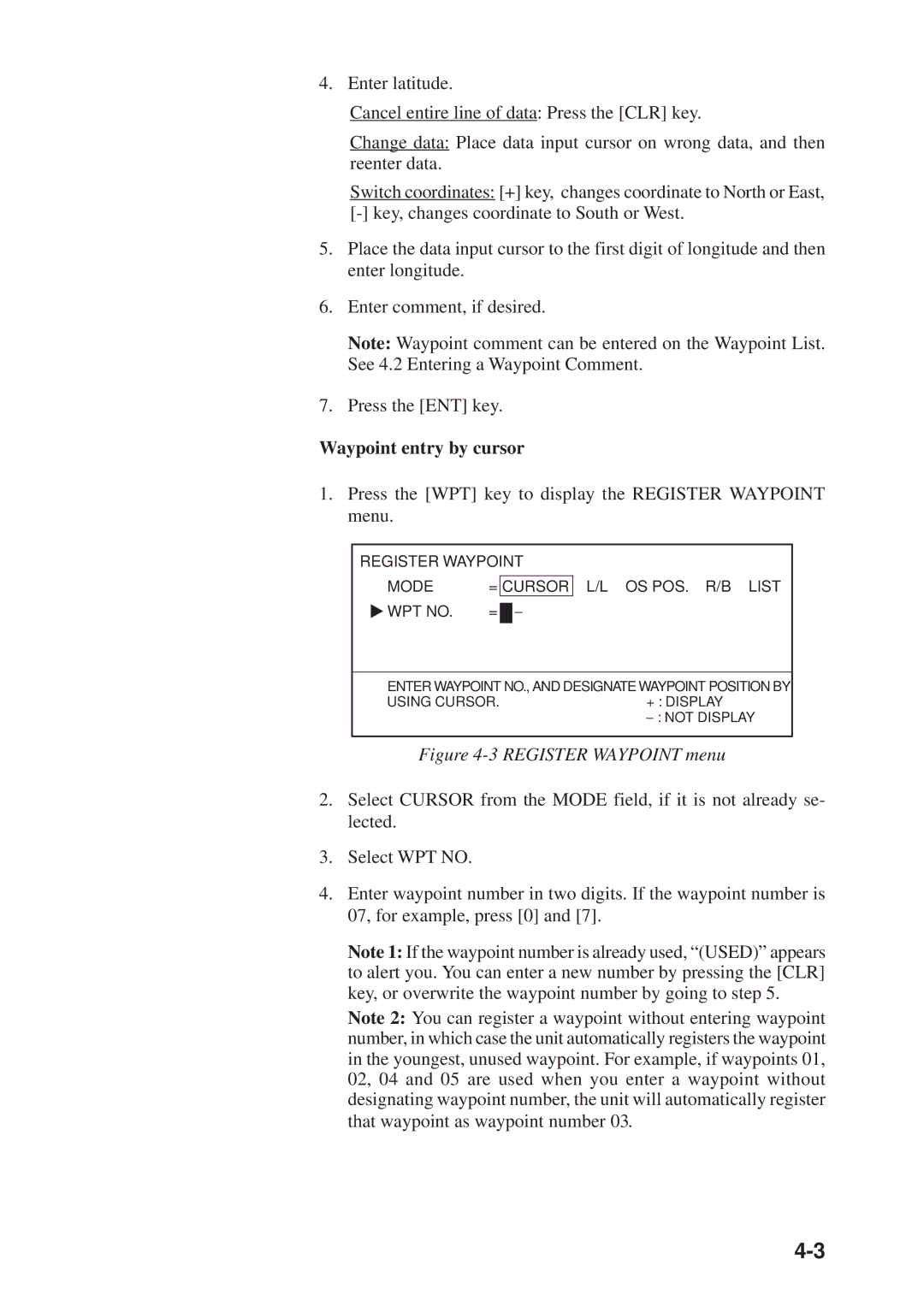 Furuno GP-3300, GD-3300 manual Waypoint entry by cursor 