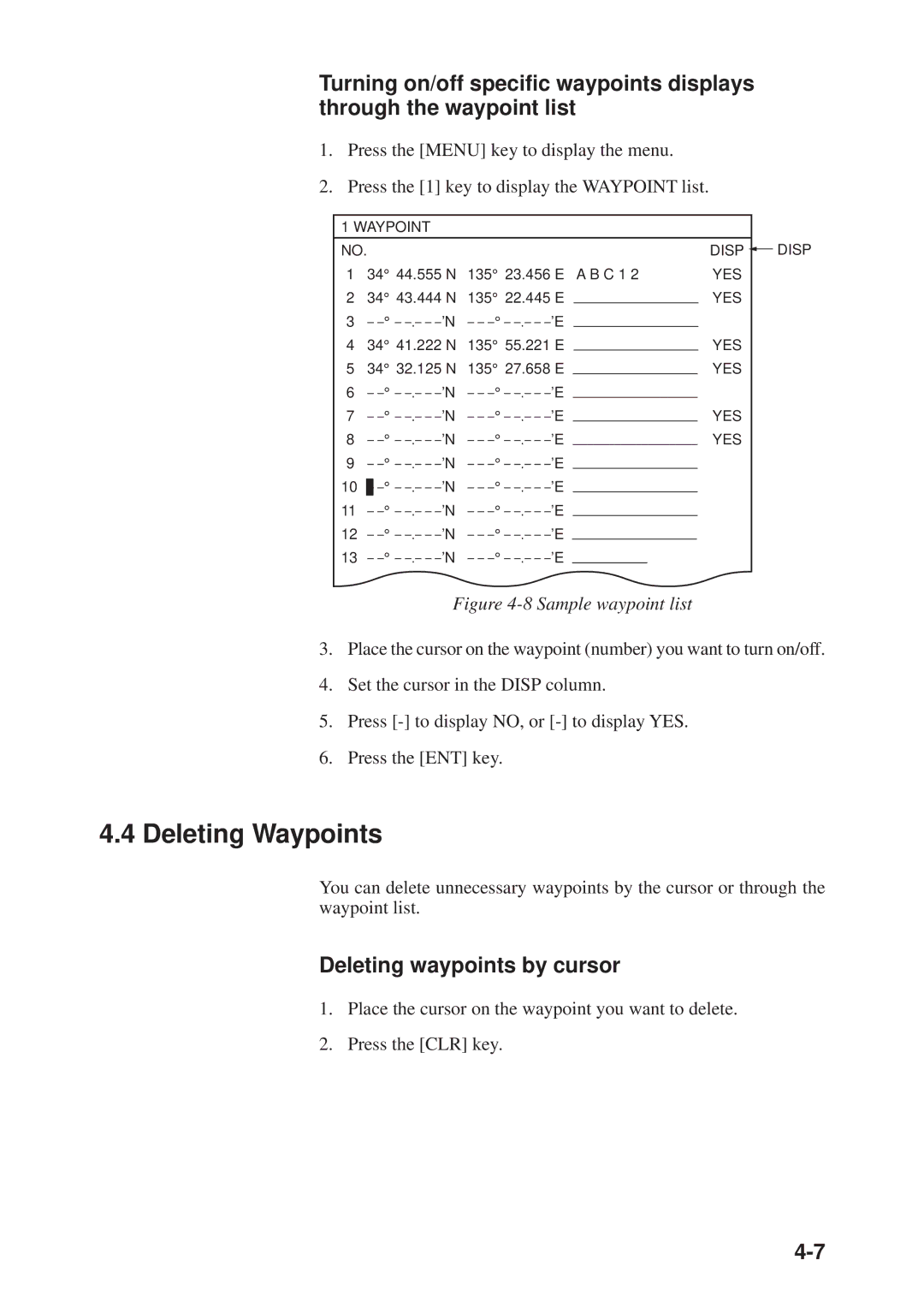 Furuno GP-3300, GD-3300 manual Deleting Waypoints, Deleting waypoints by cursor 