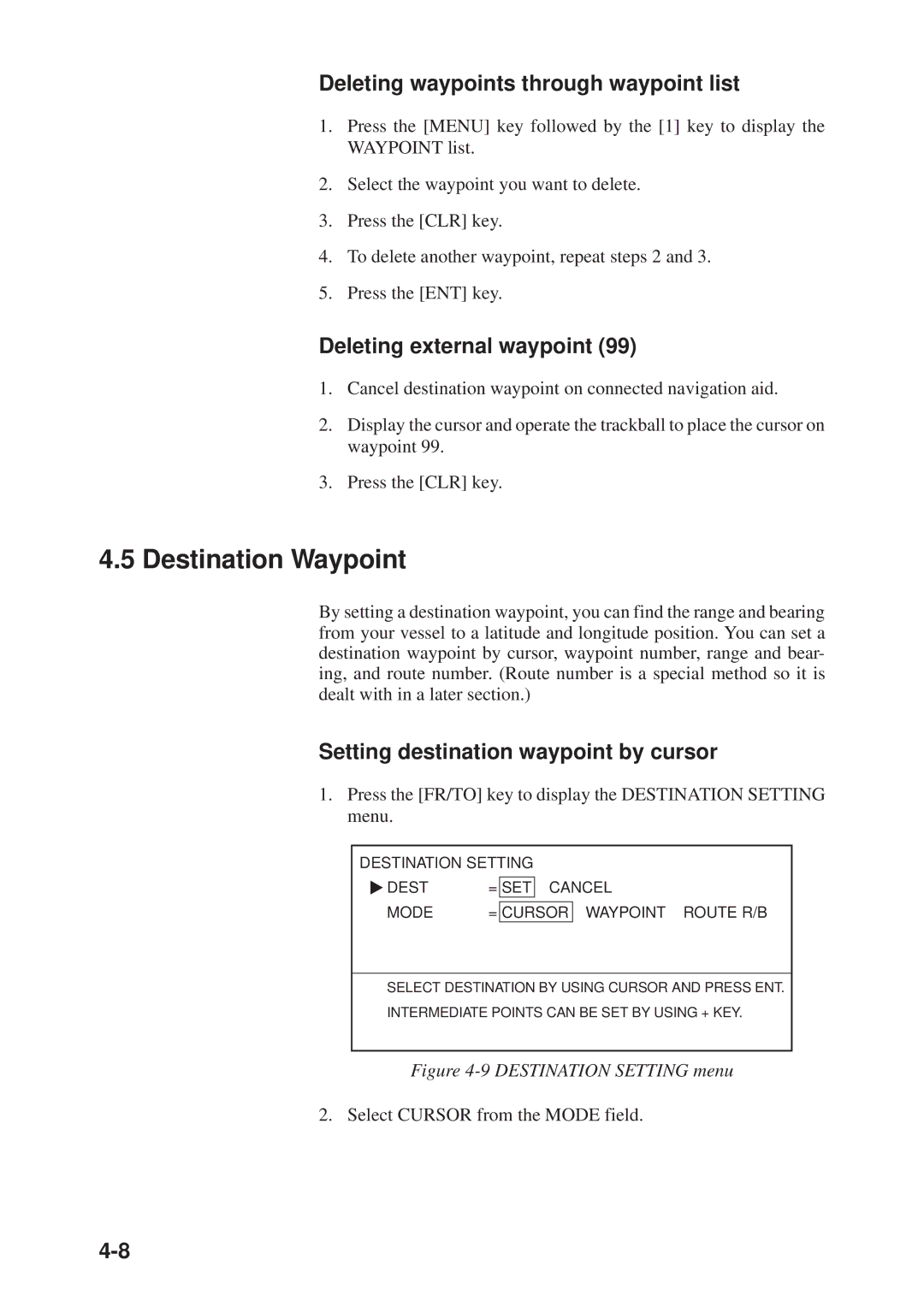 Furuno GD-3300, GP-3300 manual Destination Waypoint, Deleting waypoints through waypoint list, Deleting external waypoint 