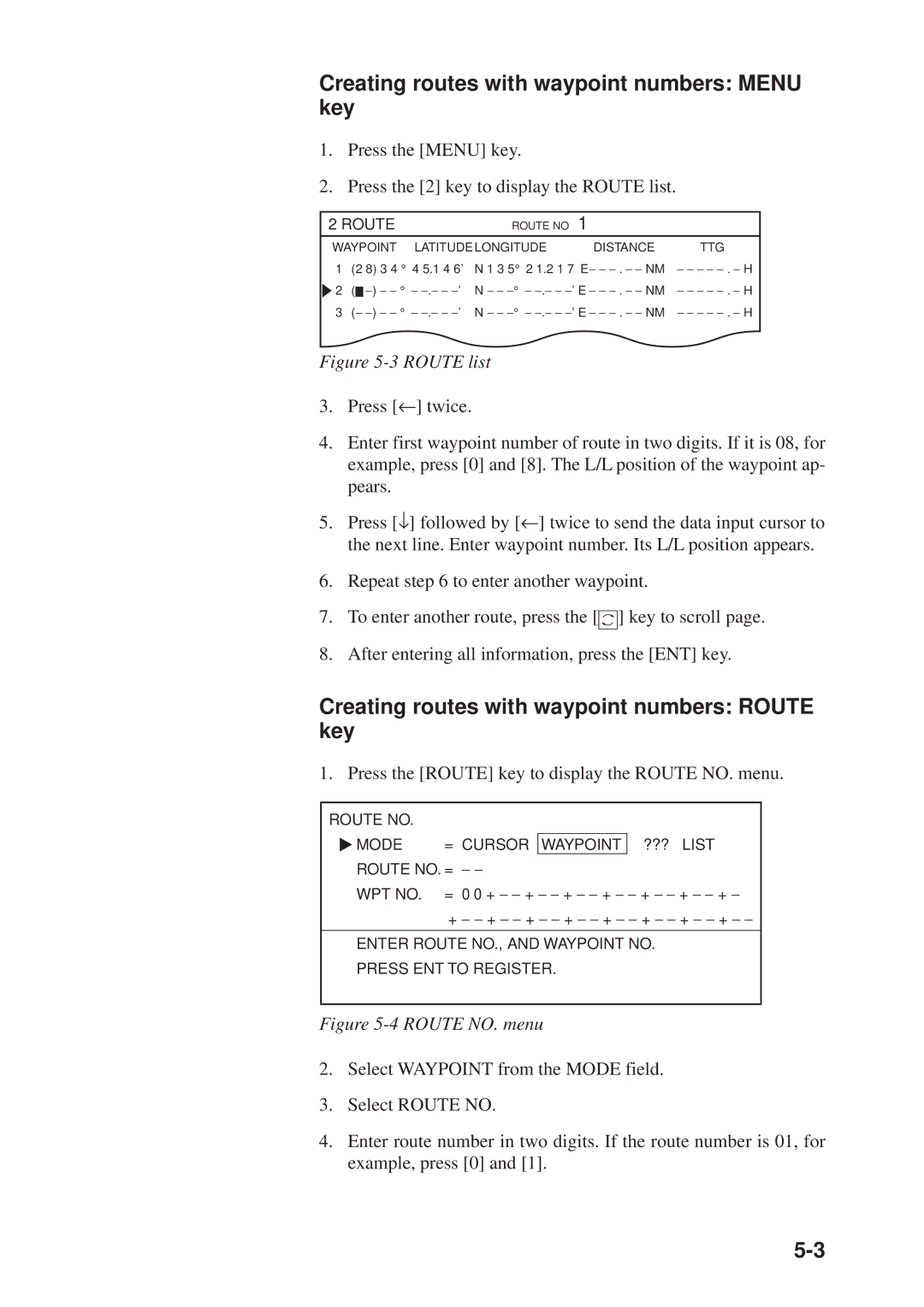 Furuno GP-3300, GD-3300 Creating routes with waypoint numbers Menu key, Creating routes with waypoint numbers Route key 