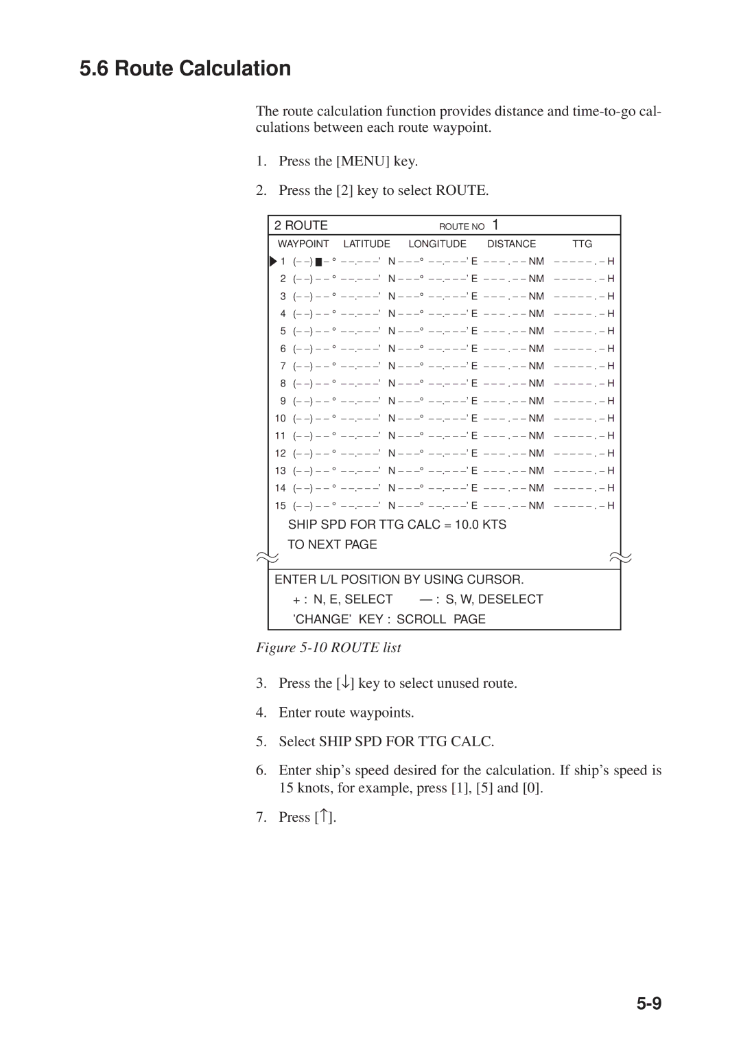 Furuno GP-3300, GD-3300 manual Route Calculation, Route list 