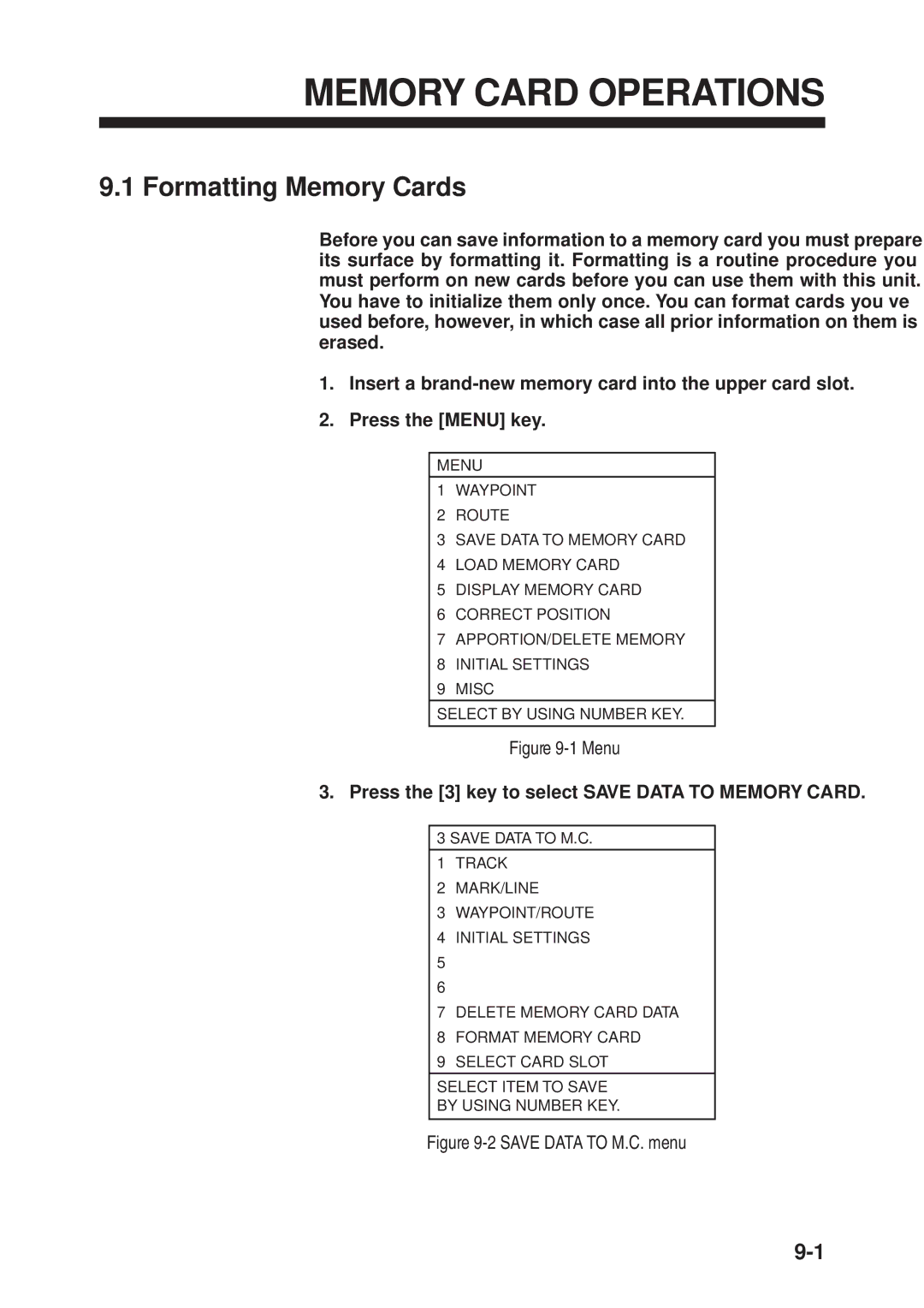 Furuno GD-3300 manual Memory Card Operations, Formatting Memory Cards, Press the 3 key to select Save Data to Memory Card 