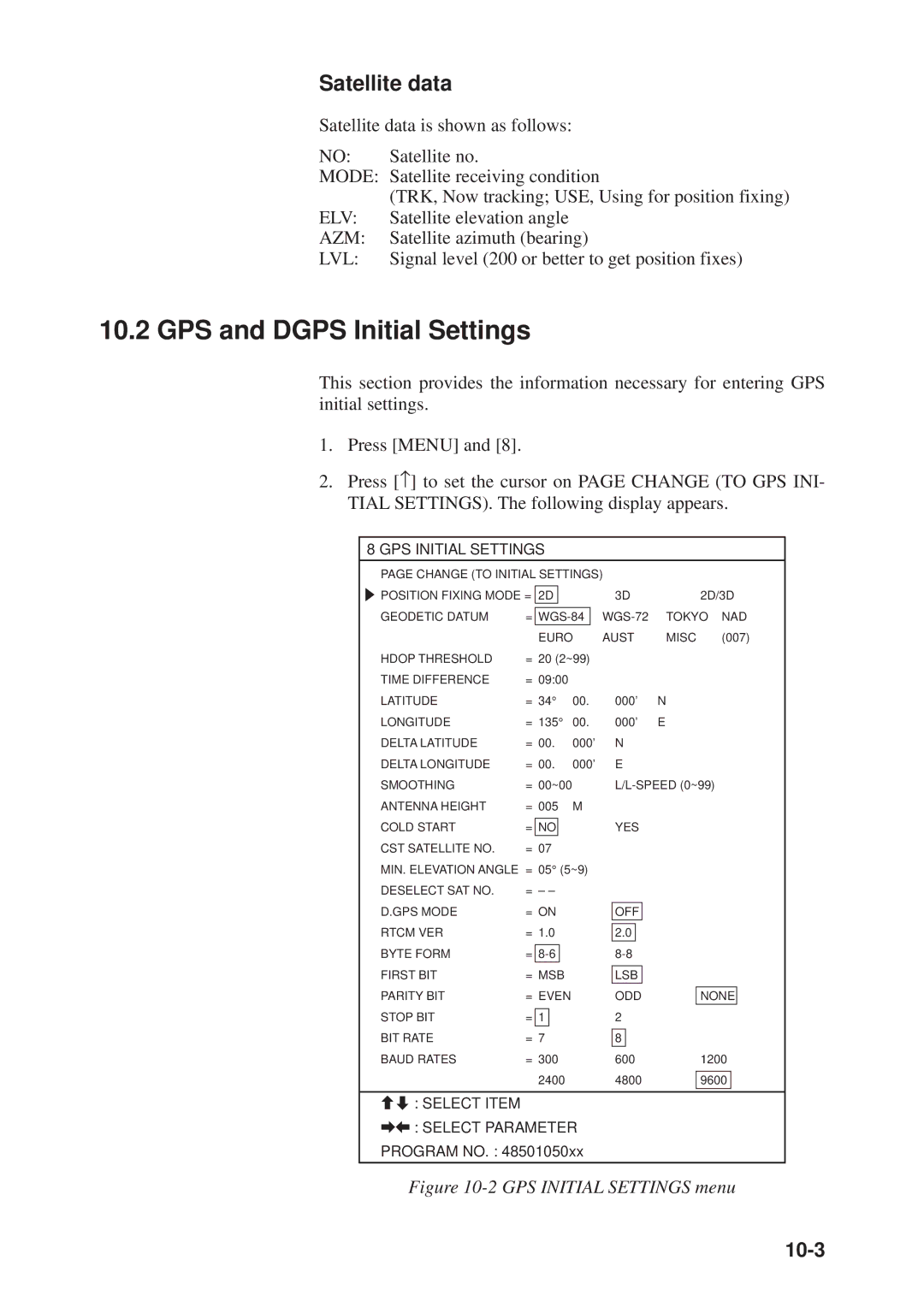 Furuno GD-3300, GP-3300 manual GPS and Dgps Initial Settings, Satellite data, 10-3 