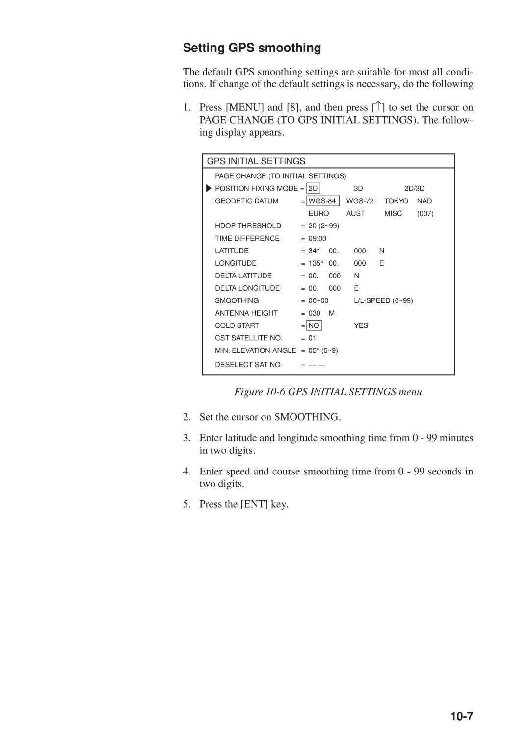 Furuno GD-3300, GP-3300 manual Setting GPS smoothing, 10-7 