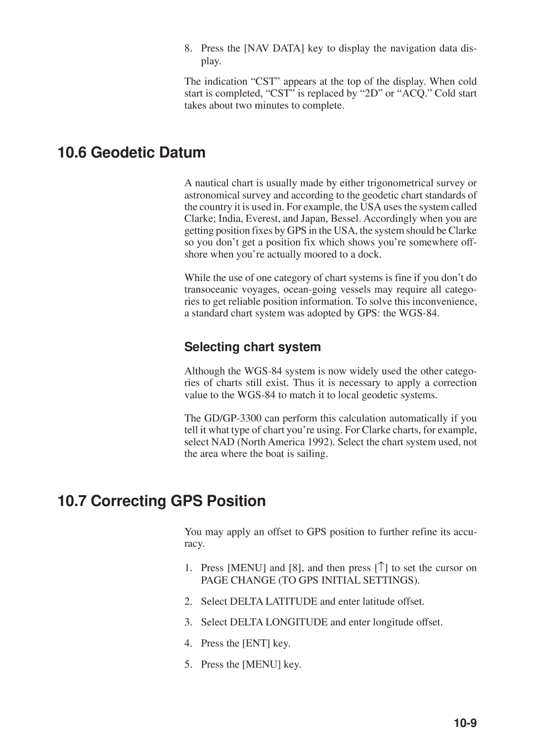 Furuno GD-3300, GP-3300 manual Geodetic Datum, Correcting GPS Position, Selecting chart system, 10-9 