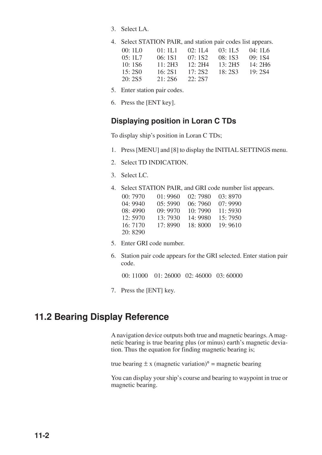 Furuno GD-3300, GP-3300 manual Bearing Display Reference, Displaying position in Loran C TDs, 11-2 