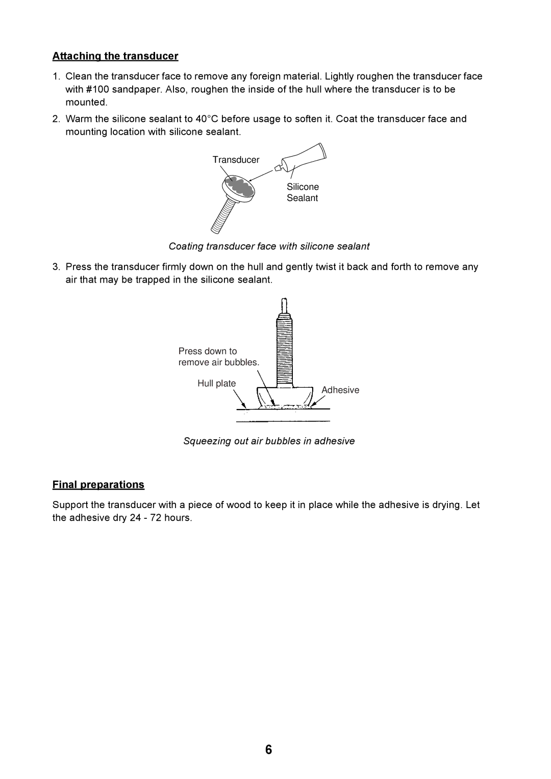 Furuno GP-7000F Attaching the transducer, Final preparations, Coating transducer face with silicone sealant 