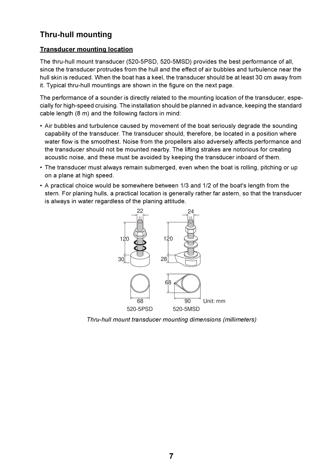 Furuno GP-7000F installation manual Thru-hull mounting, Transducer mounting location 