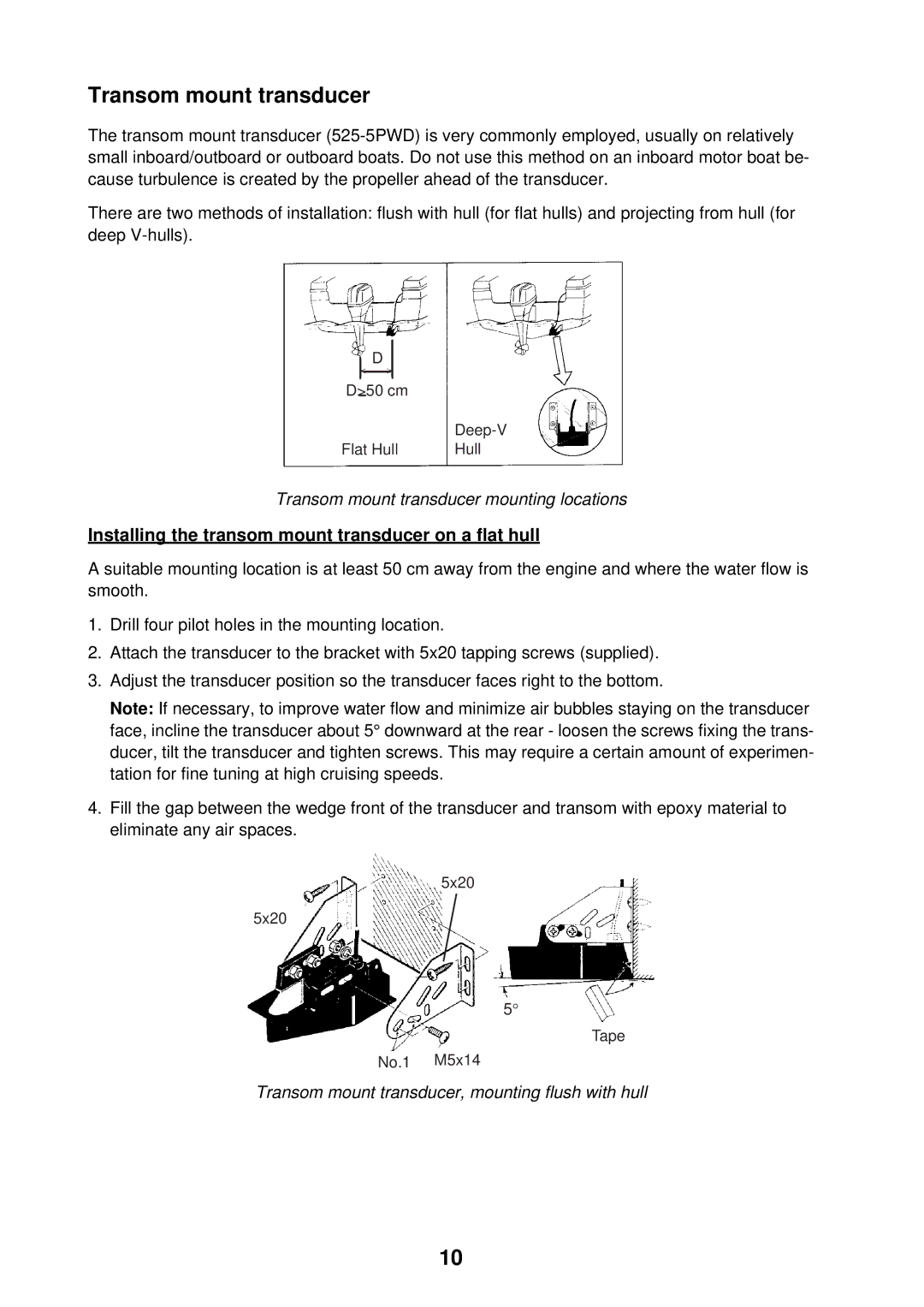 Furuno GP-7000F installation manual Transom mount transducer, Installing the transom mount transducer on a flat hull 