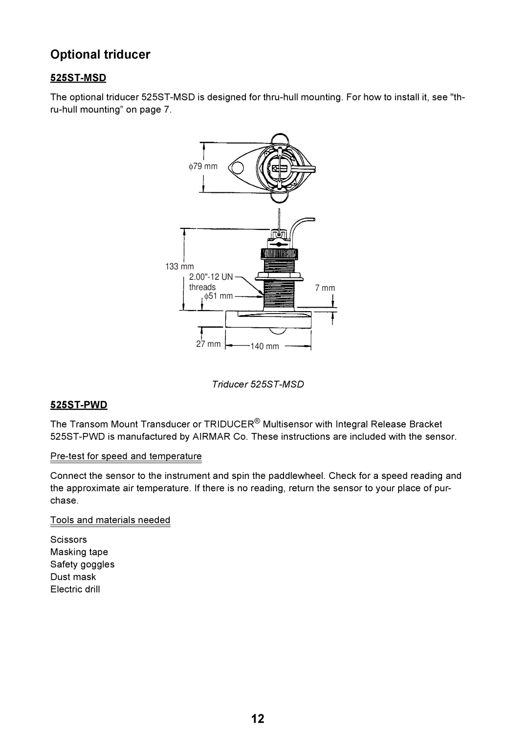 Furuno GP-7000F installation manual Optional triducer, Triducer 525ST-MSD 