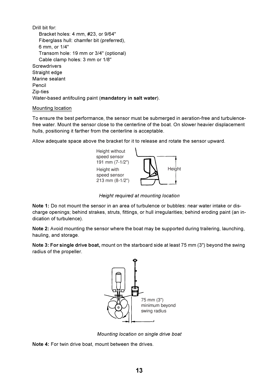 Furuno GP-7000F installation manual Height required at mounting location, Mounting location on single drive boat 