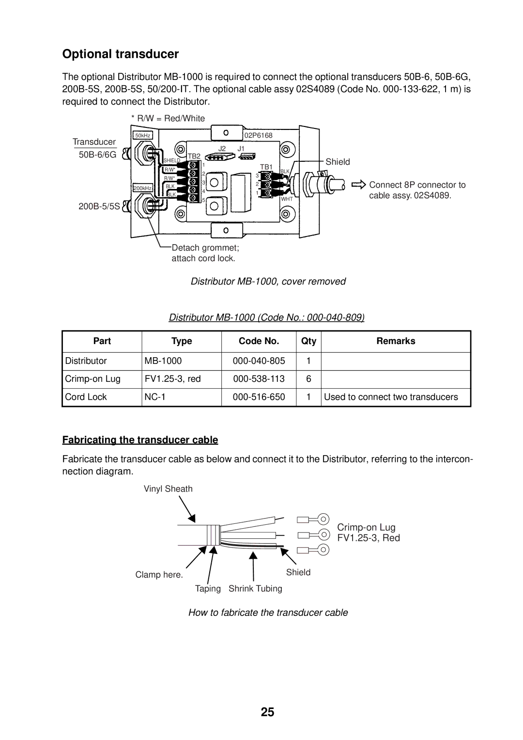 Furuno GP-7000F installation manual Optional transducer, Fabricating the transducer cable, Part Type Code No Qty Remarks 