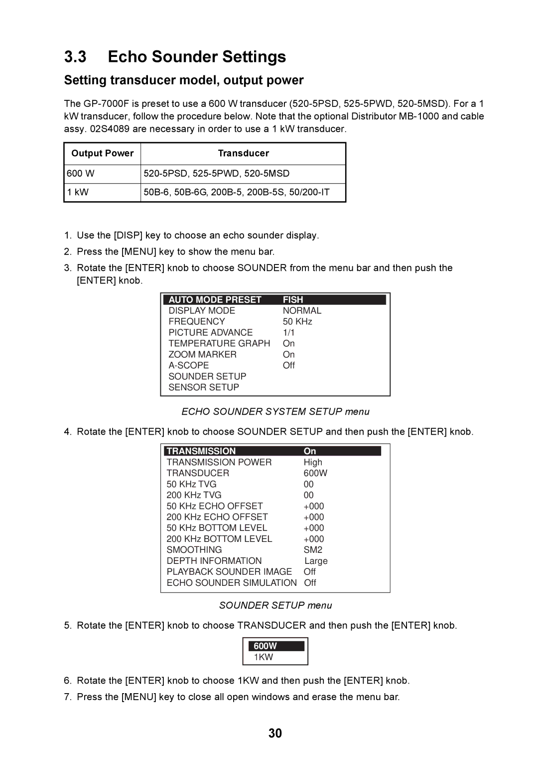 Furuno GP-7000F Echo Sounder Settings, Setting transducer model, output power, Output Power Transducer, Sounder Setup menu 