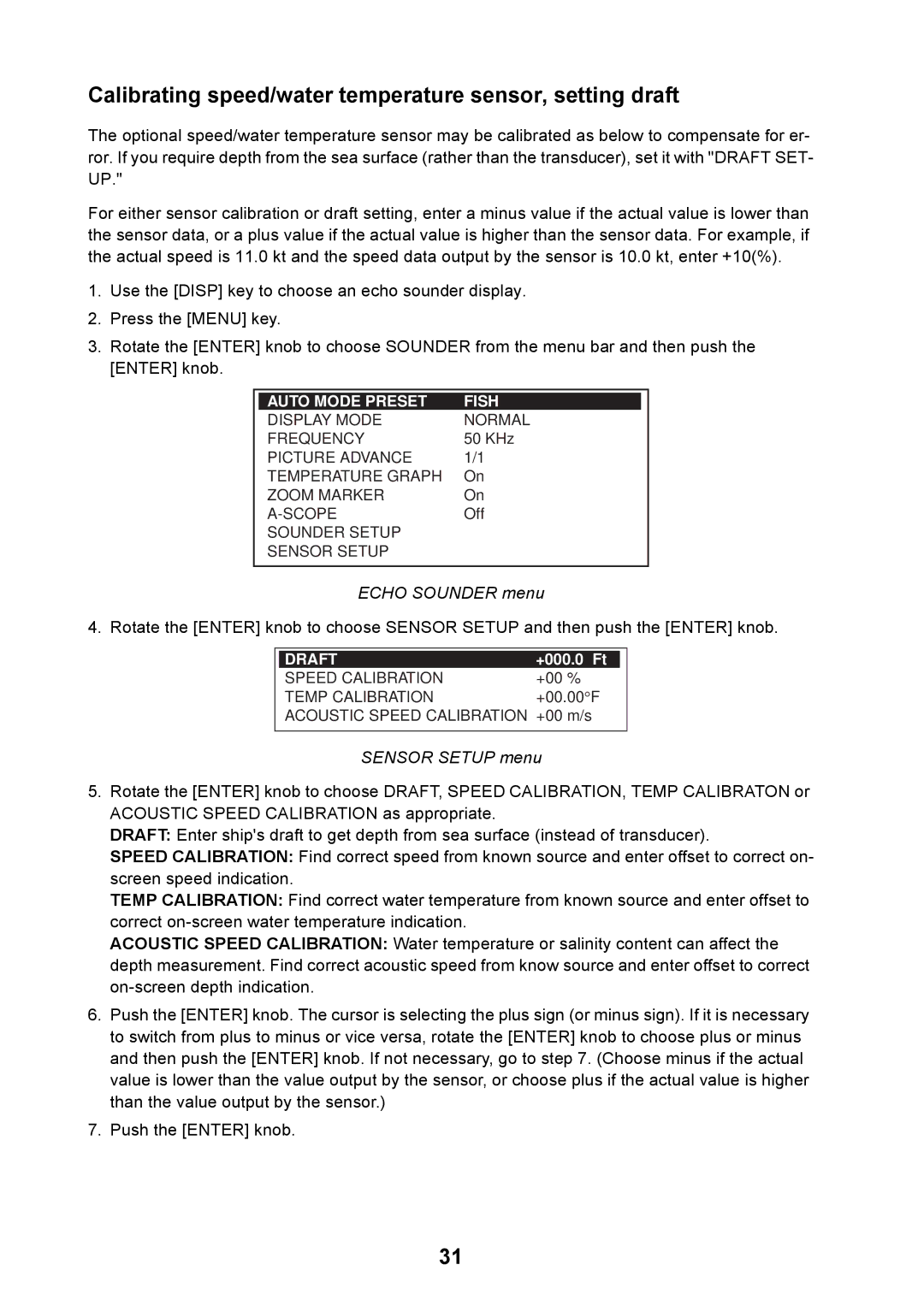 Furuno GP-7000F Calibrating speed/water temperature sensor, setting draft, Echo Sounder menu, Sensor Setup menu 