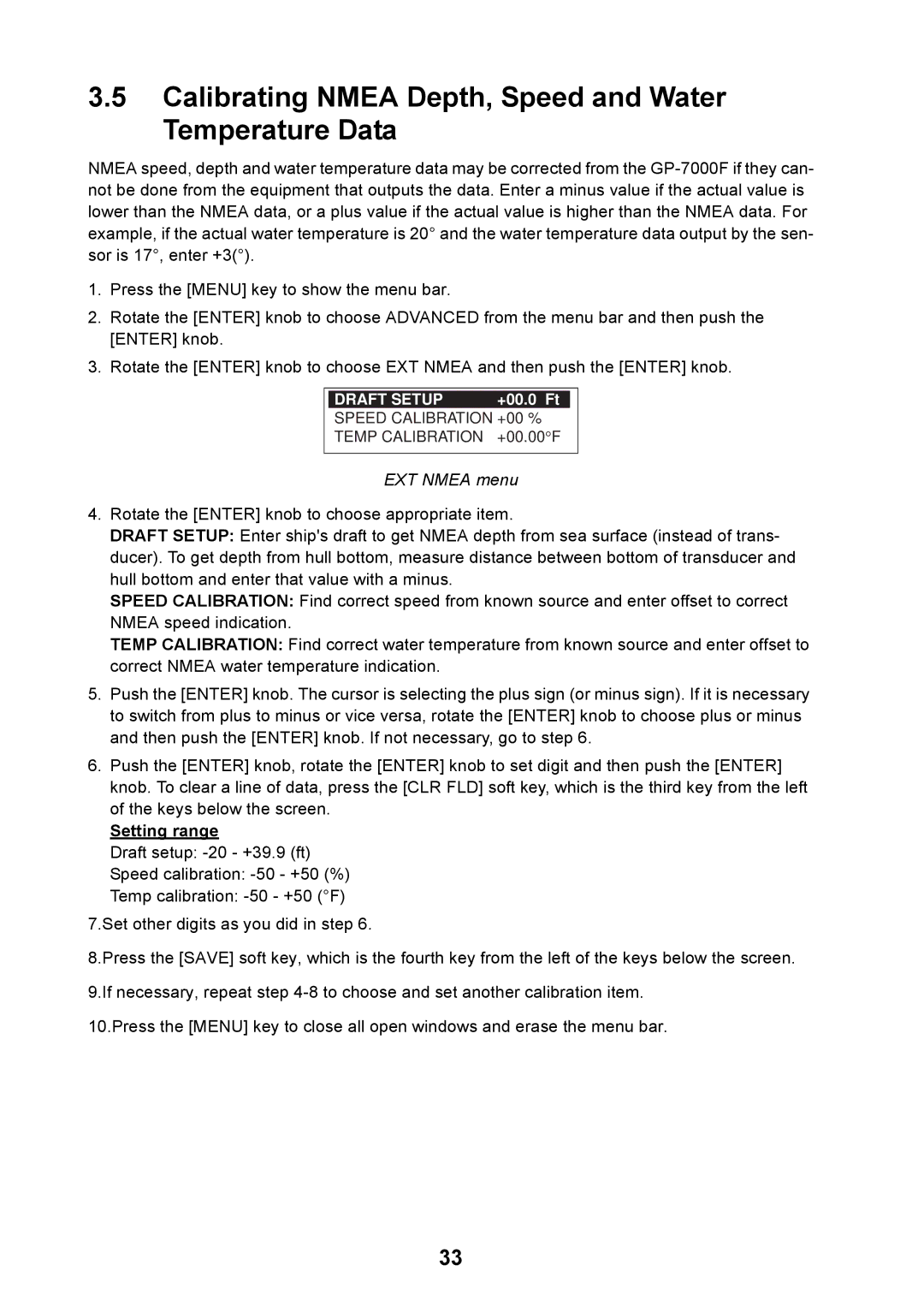 Furuno GP-7000F installation manual Calibrating Nmea Depth, Speed and Water Temperature Data, EXT Nmea menu, Setting range 