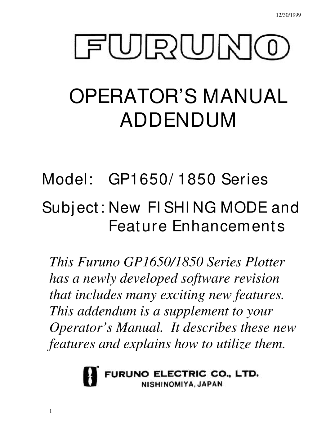 Furuno GP1650 manual OPERATOR’S Manual Addendum 