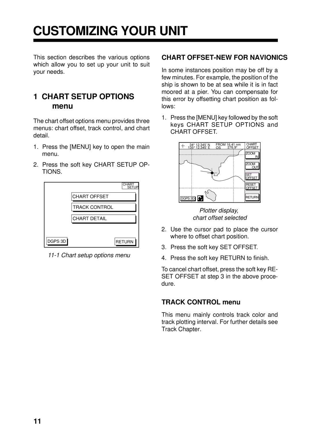 Furuno GP1650 manual Chart Setup Options menu, Track Control menu, Chart setup options menu, Chart Offset 