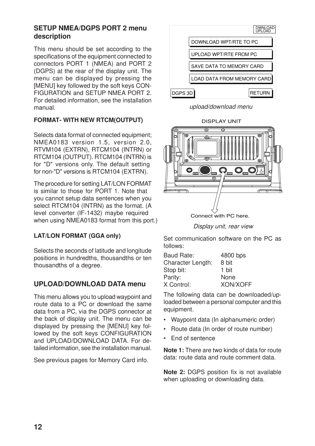 Furuno GP1650 manual Setup NMEA/DGPS Port 2 menu description, UPLOAD/DOWNLOAD Data menu, LAT/LON Format GGA only, Xon/Xoff 