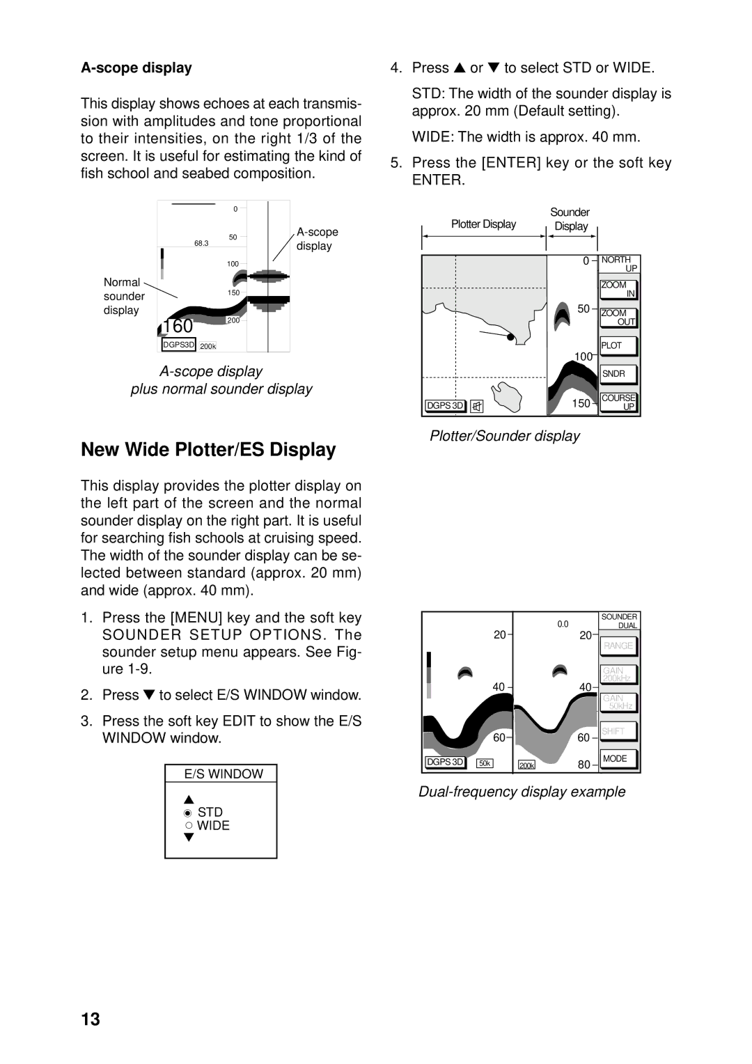 Furuno GP1650 manual New Wide Plotter/ES Display, Scope display Plus normal sounder display, Plotter/Sounder display 