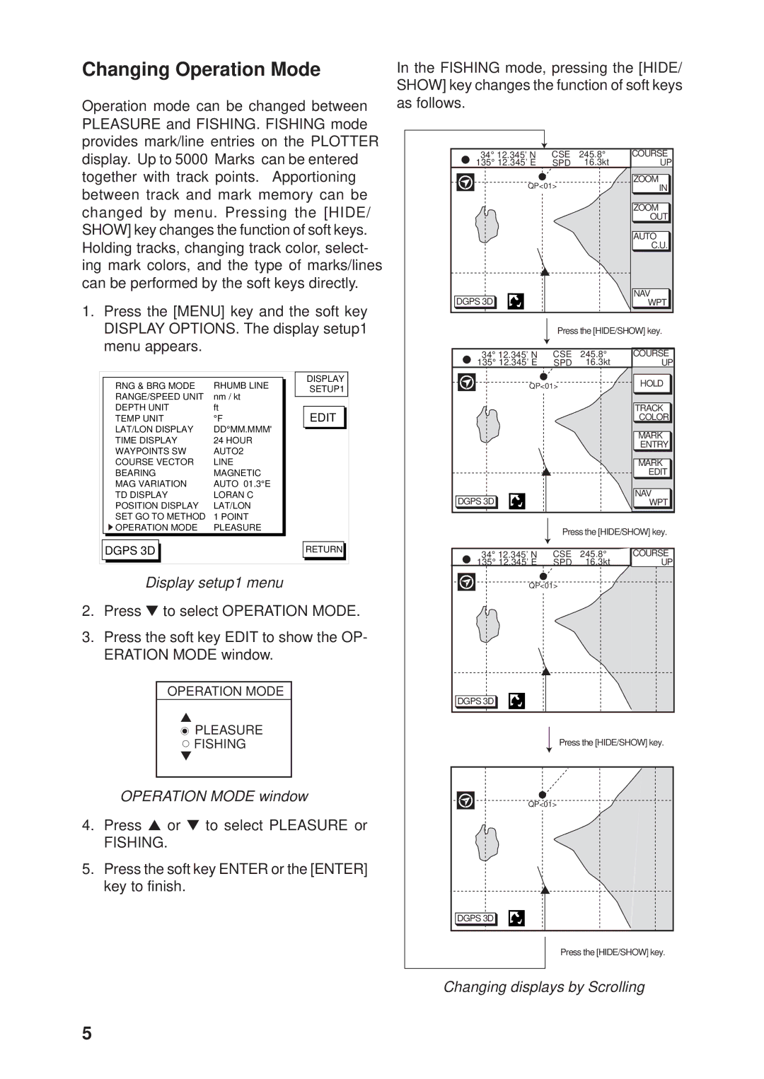 Furuno GP1650 Changing Operation Mode, Display setup1 menu, Operation Mode window, Fishing, Changing displays by Scrolling 