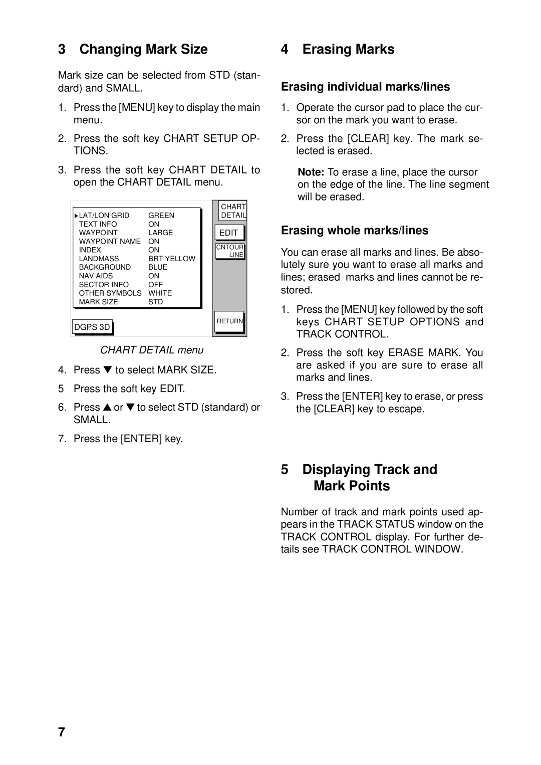 Furuno GP1650 manual Changing Mark Size, Erasing Marks, Displaying Track and Mark Points, Erasing individual marks/lines 