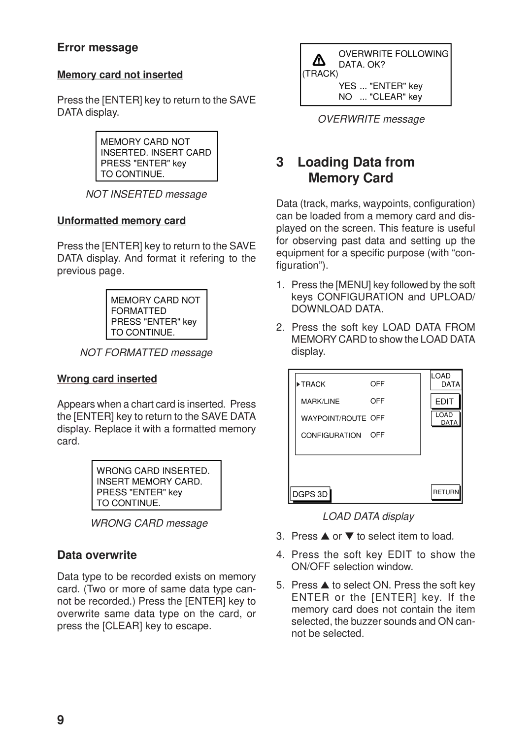 Furuno GP1650 manual Loading Data from Memory Card, Error message, Data overwrite 