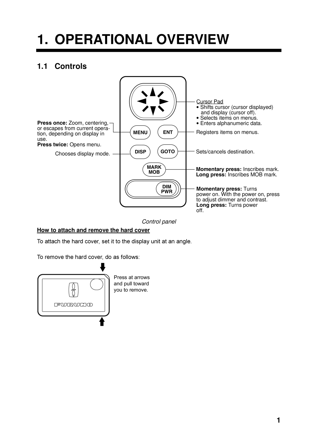 Furuno GP32 manual Operational Overview, Controls, Control panel, How to attach and remove the hard cover 