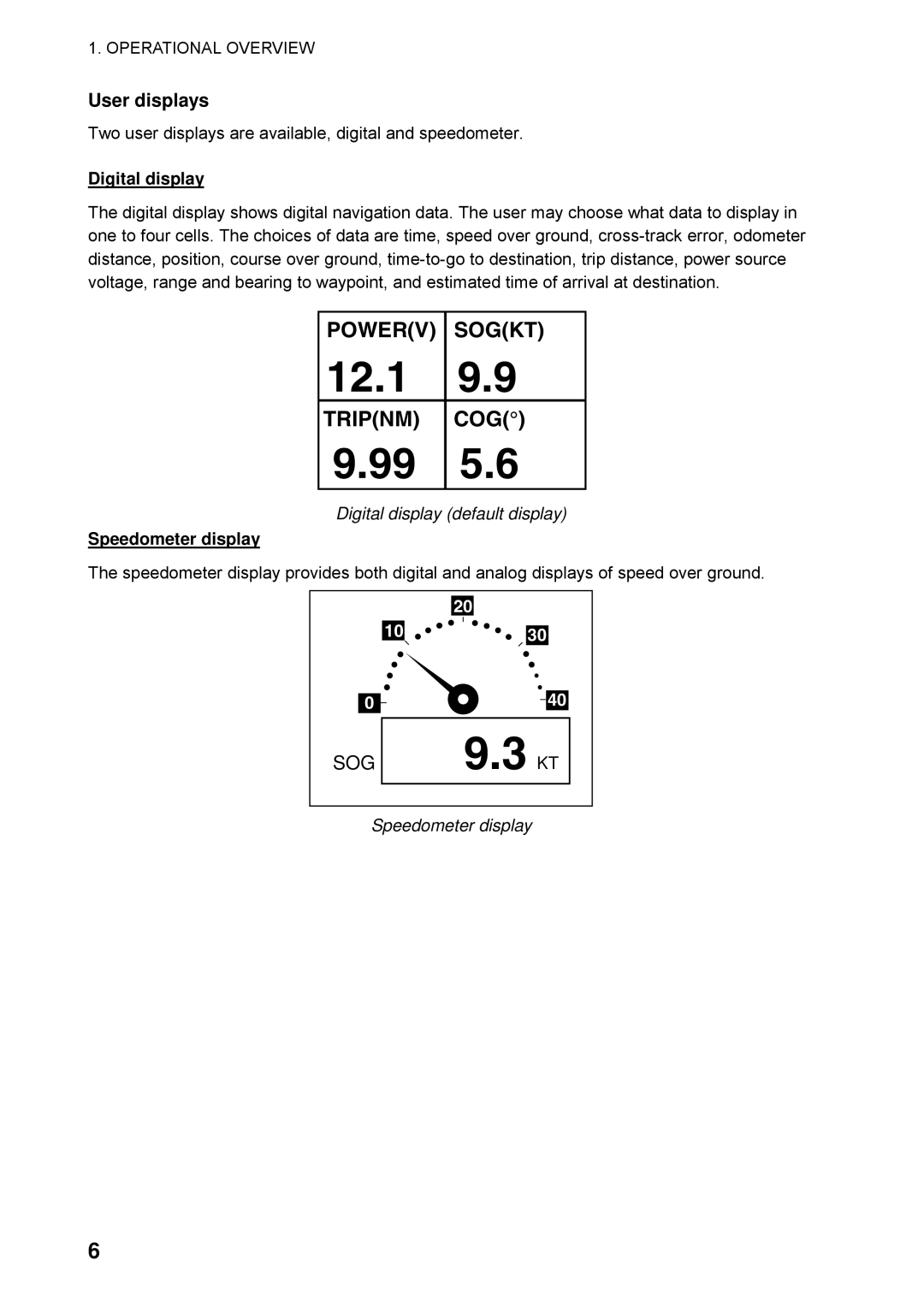 Furuno GP32 manual User displays, Digital display default display, Speedometer display 