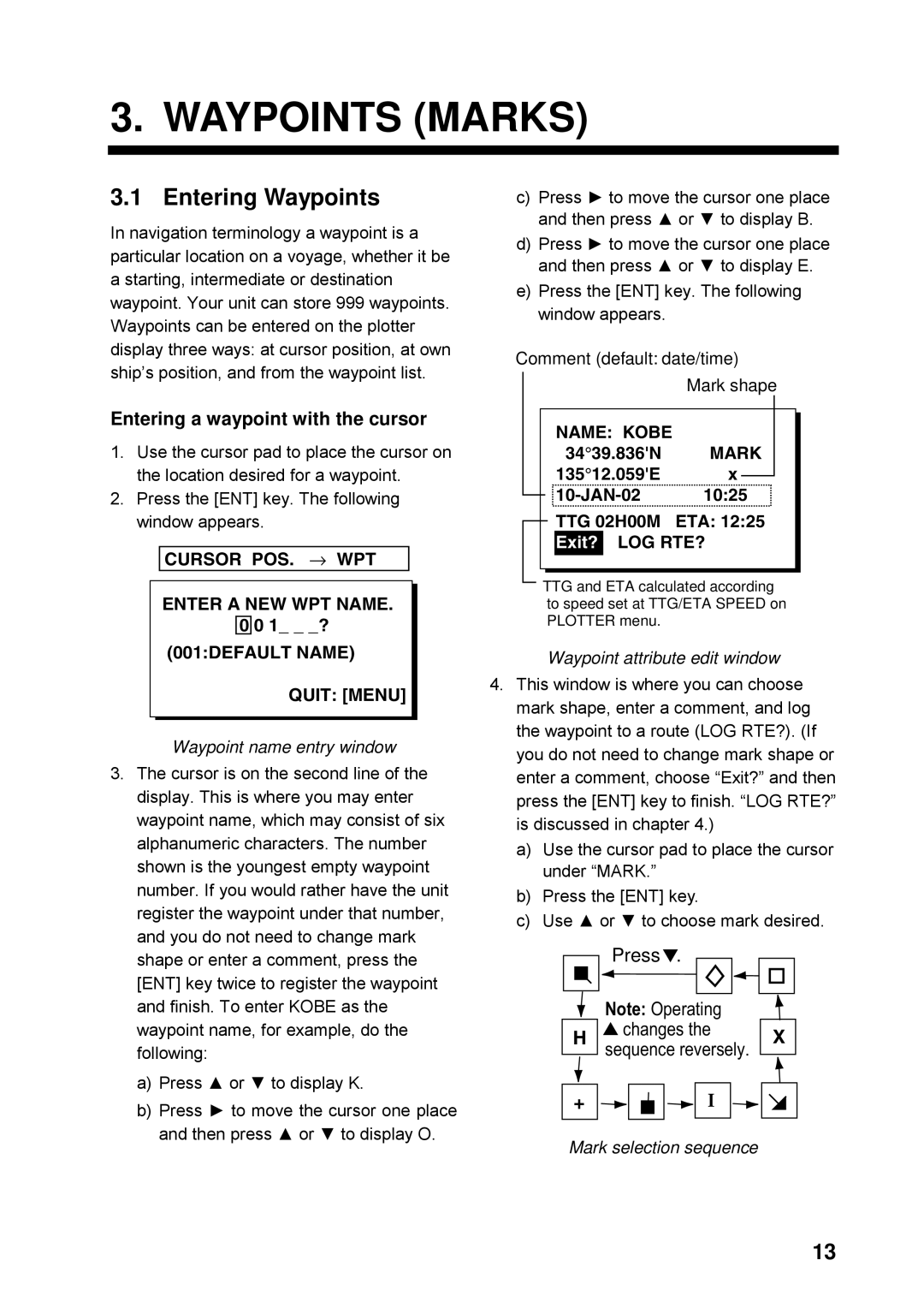 Furuno GP32 manual Waypoints Marks, Entering Waypoints, Entering a waypoint with the cursor 